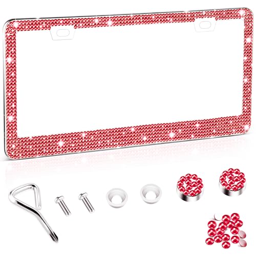 Amiss Bling License Plate Frame for Women, 1Pack Rhinestone Handcrafted Crystal Premium Stainless Steel, Stainless Steel Car Accessories with Diamond Sparkle Glitter Caps (Red) - color: Red, size: 1pc