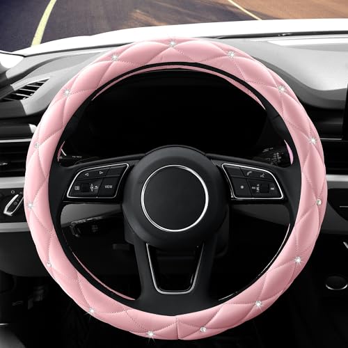 YOGURTCK Cute Diamond Soft Light Pink Leather Anti-Slip Steering Wheel Cover with Bling Bling Crystal Rhinestones, Universal 15 Inch for Women Girls, Fit Vehicles, Sedans, SUVs, Vans, Trucks - color: A-Baby Pink
