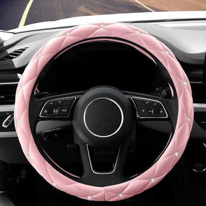 YOGURTCK Cute Diamond Soft Light Pink Leather Anti-Slip Steering Wheel Cover with Bling Bling Crystal Rhinestones, Universal 15 Inch for Women Girls, Fit Vehicles, Sedans, SUVs, Vans, Trucks - color: A-Baby Pink