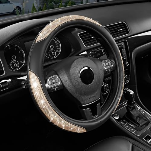 Road Comforts Pixel Glitter Steering Wheel Cover, 14.5–15 Inch Leather Steering Wheels Snug Fit, Anti-Slip Leather Grip, Elegant Sparkle Design, Universal Fit - Golden