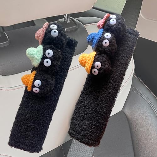 Car Headrest Pillow & Steering Wheel Cover Set with Cute Big-Eyed Black Travel Neck Support Pillow Fur Car Interior Accessory (Safty Belt Cover 2PCS) - color: Black Safty Belt Cover 2pcs