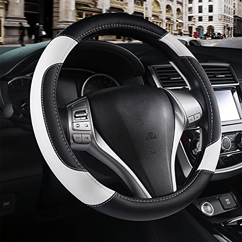 Leather Car Steering Wheel Cover, Non-Slip Car Wheel Cover Protector Breathable Microfiber Leather Universal Fit for Most Cars(White) - color: White