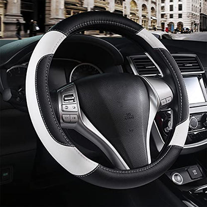 Leather Car Steering Wheel Cover, Non-Slip Car Wheel Cover Protector Breathable Microfiber Leather Universal Fit for Most Cars(White) - color: White