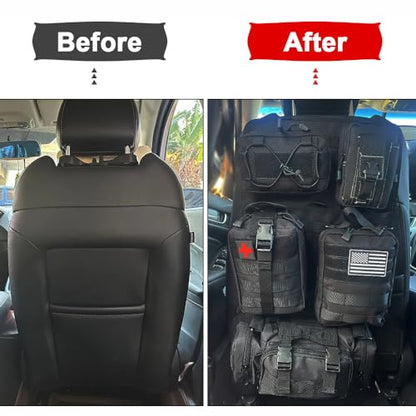 Universal Tactical Front Seat Back Organizer with 5 detachable Molle Storage Bag/Hanger Bag,Applicable to all vehicle (Black)