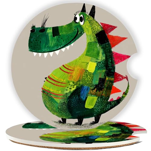 Car Cup Holder Coaster Set of 2, 2.56 in Ceramic Coasters, Scratch-Resistant Cork Backing, Finger Groove Design for Easy Placement, Cute Car Accessories Interior for Women (Green Dinosaur) - color: Green Dinosaur
