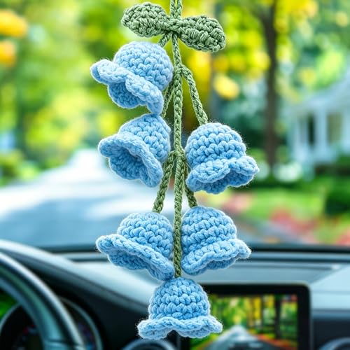 Car Mirror Hanging Accessories - Handmade Knitted Lily Flower Pendant, Cute Crochet Hanging Decor for Rearview Mirror, Women's Car Interior Decoration (1 PCS/6 Flowers, Blue) - color: Blue-6