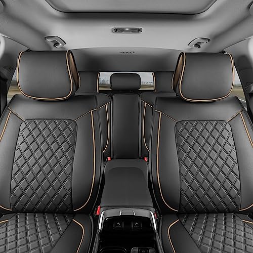 MotorBox Prestige Edition Napa Leather Car Seat Covers Full Set, Open Sides Leather Seat Covers, Premium PU Leatherette Black & Beige Seat Covers for Cars Trucks SUVs, Front and Rear Seat Cover Set - color: Black/Beige Trim (Full Set), size: Full Set (Fro