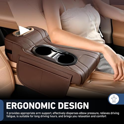 Car Armrest Cushion, Leather Center Console Cover Protector, Multifunctional Storage Pad with Dual Cup Holder, Tissue Box & Side Card Slot, Universal for Most Cars (Coffee) - color: Coffee