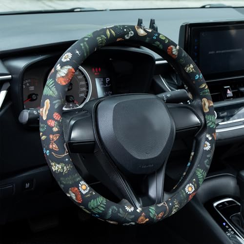 Woodland Fern Moth Dragonfly Mushroom Amanita Steering Wheel Cover Auto Steering Wheel Protector, Anti-Slip, Breathable, Absorbing Sweat, Universal Car Accessories 14.5–15 inch - style: Woodland Fern Moth
