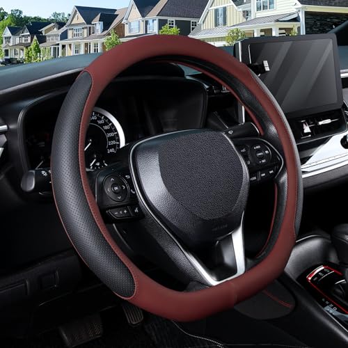 SEG Direct D Shaped Steering Wheel Cover for 14.5-15 inch Flat Bottom Wheels, Breathable Perforated Microfiber Leather, Anti-Slip Grip, Universal Fit for Cars & SUVs, Black and Burgundy - color: Black & Burgundy, size: D-shaped