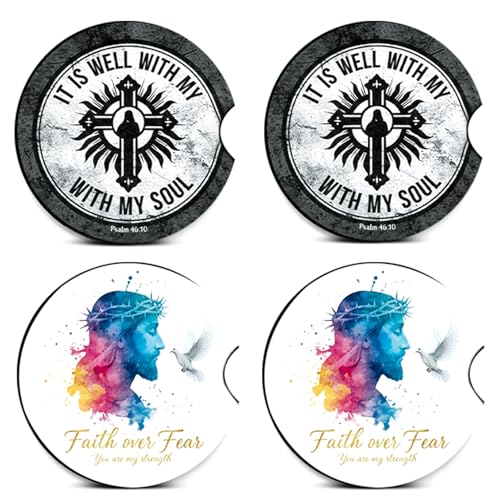 4PCS Cross Jesus Car Coasters,Car Coasters for Cup Holder,Religion Cars Accessories Interior Decor Universal Neoprene 2.75" Anti-Slip Rubber Mat with Finger Slot,Gifts for Women,Men,Driver - color: Cross Jesus