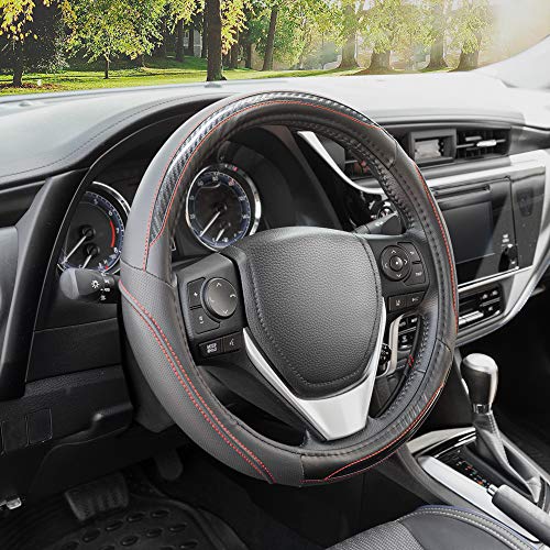 BDK UltraSport Steering Wheel Cover - Perforated Microfiber Leather with Carbon Fiber Detail & Contrast Stitching Black w/Red Stitching