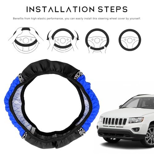 Bling Car Steering Wheel Cover, 15 Inch Sparkly Rhinestone Soft Leather Steering Wheel Protector, Non-Slip Universal Auto Elastic Steering Wheel Covers for Women Girls (Blue) - color: Blue