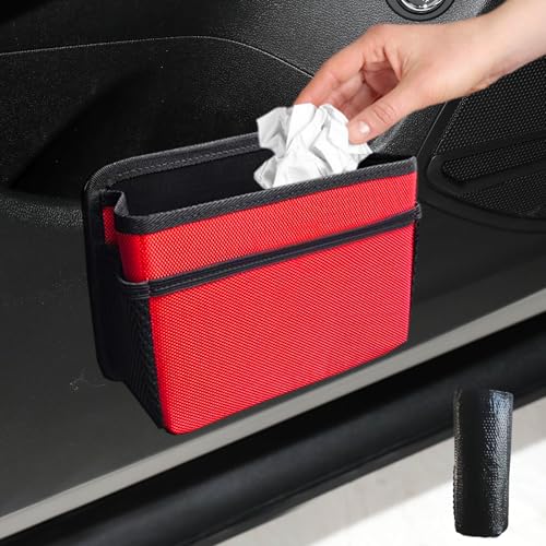 Car Trash Can, Car Organizer, Foldable Mini Vehicle Trash Bin Garbage Organizer Holder, Car Interior Accessories Oxford Cloth Foldable Car Trash Bin Hanging Universal for Most Cars - color: Red