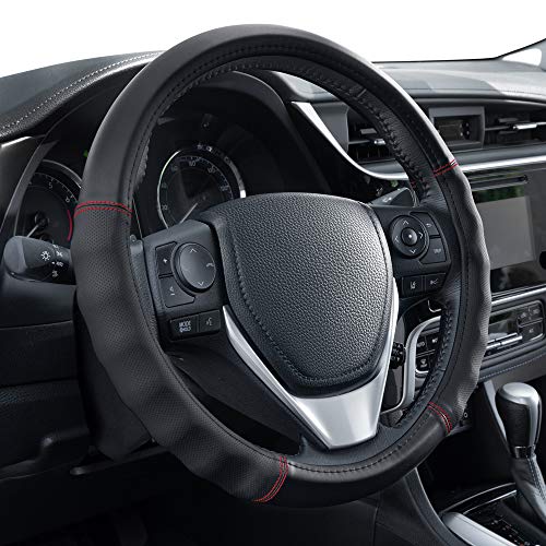 Motor Trend Faux Leather Steering Wheel Cover, Standard 15 inch Size, Comfort Grip Design, Solid Black Car Steering Wheel Cover for Truck Van SUV Auto - color: All Black, size: Fits 14.5 - 15" SW