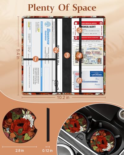 Slohif Car Registration and Insurance Holder - Flower Vehicle Glove Box Organizer Women with Magnetic Shut Leather Automobile License Holders Coasters Auto Accessories Case for Document - color: Boho Flowers