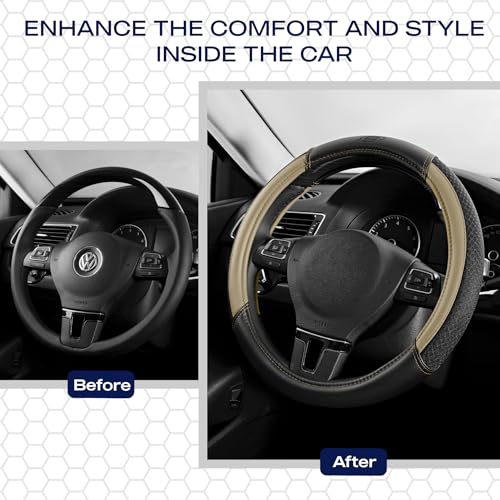 Skechers Air-Cooled Steering Wheel Cover,Leather Car Steering Wheel Cover Universal Fit 14" 1/2-15" Car Wheel Protector for Men Women Fit Suvs,Vans,Sedans,Car,Trucks,Beige - color: Beige