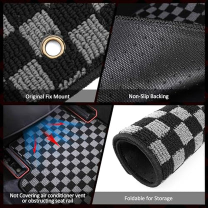 IKON MOTORSPORTS Loop Pile Tufted Car Floor Mats, Compatible with 2006-2011 Honda Civic All Models, Checkered Grey Black Plaid, All Weather Anti-Slip 3PCS Set Car Protector Carpets