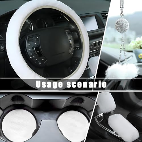 6 PCS Fluffy Steering Wheel Covers Set, 15 Inch Soft Steering Wheel Cover, Handbrake Cover & Gear Shift Cover & Cup Holder Coaster & Car Mirror Accessory, Car Accessories (White) - color: White