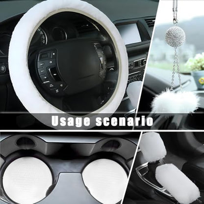Yourkar 6 PCS Fluffy Steering Wheel Covers Set, 15 Inch Soft Steering Wheel Cover, Handbrake Cover & Gear Shift Cover & Cup Holder Coaster & Car Mirror Accessory, Car Accessories (White) - color: White