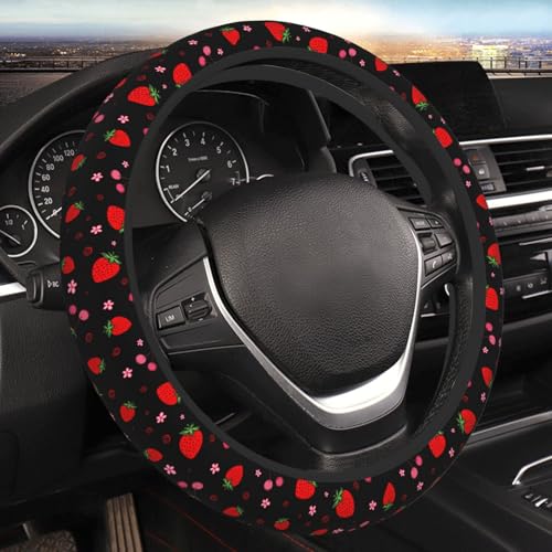 Cherry Strawberry Neoprene Steering Wheel Cover for Men Women Anti-Slip Elastic Steering Wheel Protective Cover 15in Universal Car Accessories Fit Cars, SUVs, Auto - color: Cherry Strawberry