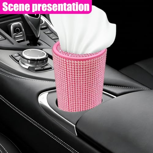 Craedli Bling Car Tissue Holder for Cup Holder, Sparkly Crystal Rhinestone Round Cylinder Car Tissue Box, Refillable Tissues Dispenser Auto Interior Paper Napkin Container with 1 Pack Tissues (Pink) - color: Pink
