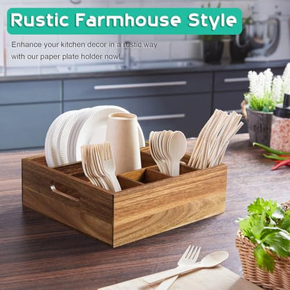 ALELION Acacia Wood Utensil Holder for Party - Paper Plate Organizer for Countertop - Silverware Caddy with 6 Compartments for Plate, Cup, Fork, Spoon - Cutlery Holder for Kitchen Camping Buffet - style: Acacia Wood
