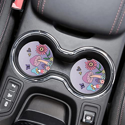 Car Coasters 2 Pack,2.56" Ceramic Stone Car Cupholder Absorbent Coaster Set for Women Men Drink Cup Holder Coasters Car Accessories(Skull Sunflowers) (Purple Mushroom) - color: Purple Mushroom