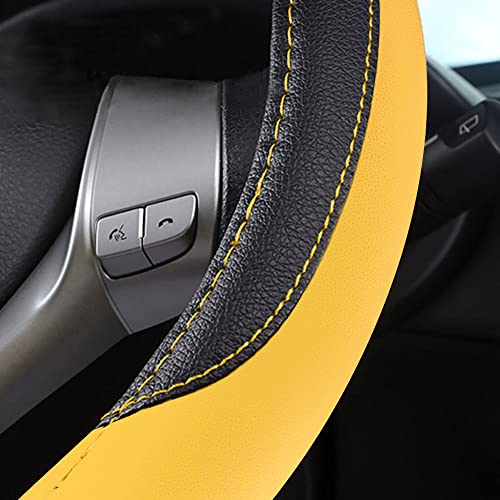 Leather Car Steering Wheel Cover, Non-Slip Car Wheel Cover Protector Breathable Microfiber Leather Universal Fit for Most Cars (Black&Yellow) - color: Yellow