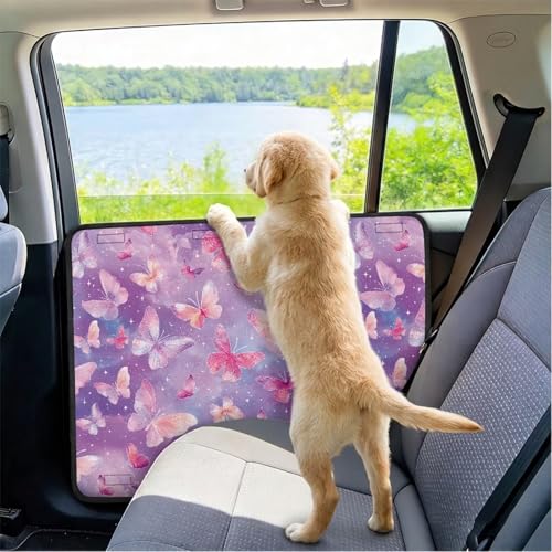 Pink Butterfly Dog Car Door Protector Waterproof Pet Car Door Cover from Dog Scratches Universal Fit for Cars, Trucks, SUVs Retro Window Protector Doors Covers Anti-Scratch - color: Pink Butterfly
