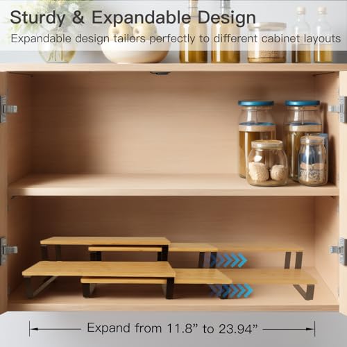 2-Tier Expandable Coffee Mug Holder for Cabinet, Black Metal & Bamboo Cup Organizer Rack, Kitchen Counter Shelf for Spices & Tea, Coffee Bar Accessories Storage, Sturdy Pantry Insert (Natural)