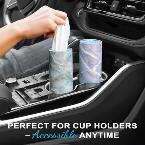 Car Tissue Holder (4 PK) - 50 3-Ply Tissues Cylinder, Fits Car Cup Holders, Portable Travel Tubes Box Container, Marble Design, Round Tissue Container for Car Accessories - style: Marble
