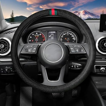 5PCS Steering Wheel Cover, with 2 Headrests, 2 Seat Belt Covers - Universal Fit for 14.5-15" Steering Wheel, Enhances Driving Experience - Perfect for Women (Black) - color: Black