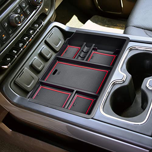 Console Organizer Compatible with 2014-2018 Chevy Silverado/GMC Sierra 1500 and 2015-2019 Silverado/Sierra 2500HD/3500HD Accessories Compartment Insert Tray - Full Console w/Bucket Seats ONLY - color: Red Trim