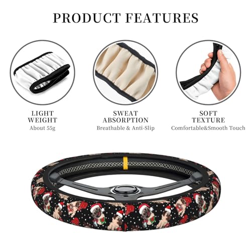 Christmas Xmas Style Santa Cute Funny Pug Cute Dog Black and White Car Steering Wheel Cover,Non-Slip Elastic Neoprene-Sweat Car Accessories,Universal 15 Inch Fit Auto, Vans Trucks,Suvs, Truck - color: Funny Pug