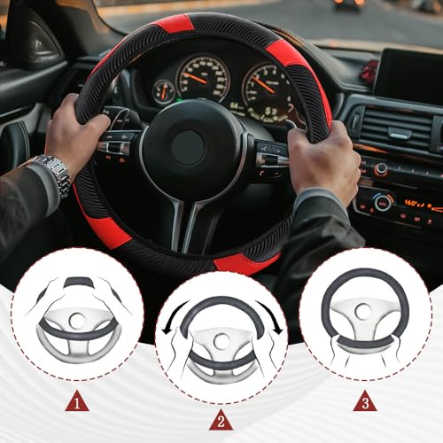 Car Steering Wheel Cover, Steering Wheel Protector, Universal 14.5-15 Inch Microfiber Leather Breathable Auto Steering Wheel Covers, Carbon Fiber Steering Wheel Cover for Women Men (Red) - color: Red