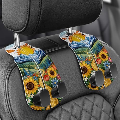Purse Holder for Car, 2 Pack Heavy Duty Purse Hanger for Car, PU Leather Car Seat Hooks for Purses and Bags, Cute Sunflower Headrest Organizer for Handbags & Backpacks - color: Car hook - Sunflower Mountain A