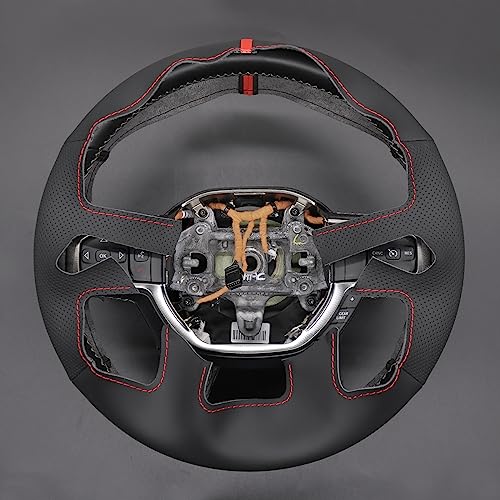 MEWANT Hand Stitch Black Genuine Leather Steering Wheel Cover Wrap for Dodge Ram 1500 Laramie Big Horn 2019-2021 - color: Black Genuine Leather&Red Stripe&Red Thread
