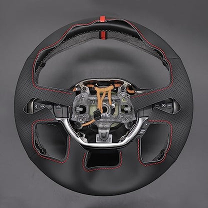 MEWANT DIY Hand Sew Black Artificial Leather Steering Wheel Cover Wrap for Dodge Ram Laramie Big Horn 1500 2019-2021 - color: Black Artificial Leather&Red Stripe&Red Thread