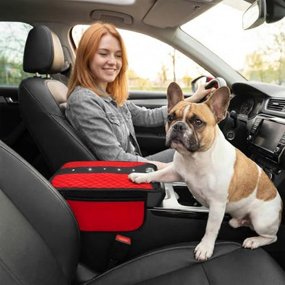 Bling Crown Car Center Console Cover, Crystal Leather Auto Armrest Box Cushion with 2 Storage Bags, Universal Crown Middle Console Cover Arm Rest Protector for Most Vehicles (Red) - color: Red