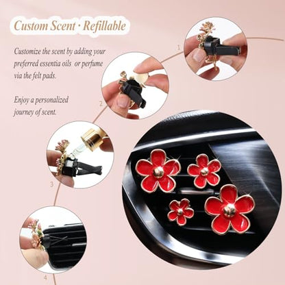 ORIESSE 4pcs Flowers Air Vent Clips Red Daisy Car Air Freshener Vent Clips Cute Fower Car Accessories for Women Refillable Diffuser - color: Red
