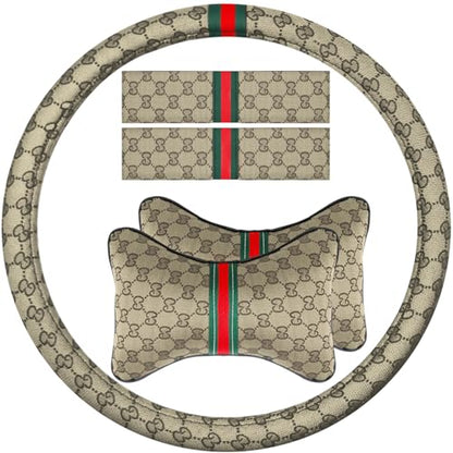 Steering Wheel Cover for Women with 2 Car Headrest Pillow and 2 Seat Belt Cushions Shoulder Pads Universal fit 14 1/2"-15" Steering Wheel Beige