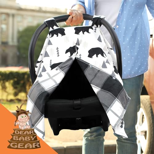 Dear Baby Gear Car Seat Cover for Infant, Newborn Carrier Canopy, Mother’s Day Gift for Moms, Baby Shower Blanket, Stroller & Nursing Cover w/ Snap Opening, 40x30in, Black & Grey Plaid Bears Design - color: Black Bears, Black and Gray Plaid Minky