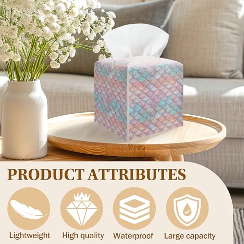 Pink Mermaid Scales Square Leather Tissue Box Cover – Magical Mermaid Themed Facial Paper Organizer, Perfect Kids Birthday Party Decor & Gift for Girls - color: Colorful02