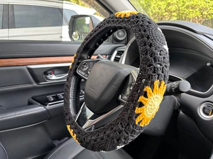 Handmade Crochet Sun Moon Car Steering Wheel Covers Universal 14-15 inch,Cute Steering Wheel Cover,Car Accessories (Black Steering Wheel Cover) - color: Black Steering Wheel Cover