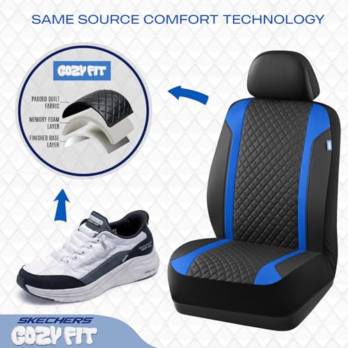 Skechers Seat Covers Contour Foam Cozy Fit,Leather Car Seat Covers, Car Seat Covers Front Seats Airbag Compatible, Universal Automotive Comfort for Most Cars, Vans, Trucks, SUV,Blue - color: Black and Blue