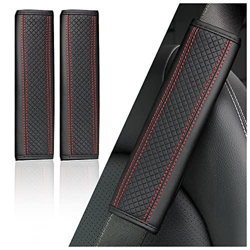 2PCS Car Seat Belt Cover Pad,Breathable Leather Seatbelt Covers for Shoulder Protection and Car Decorations,Universal Seatbelt Cushion Adding Car Seat Strap Pads Car Accessories Interior (Black/Red)