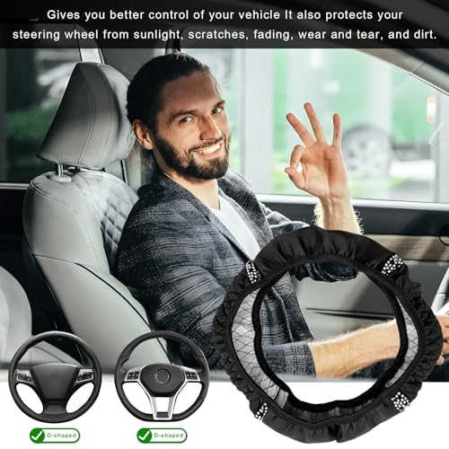 Bling Soft Leather Steering Wheel Cover, 14.5-15 Inch Sparkly Rhinestones Non-Slip Car Steering Wheel Protector, Elastic Auto Steering Wheel Cover Interior for Women Girls (Black)