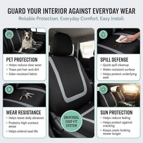 FH Group Car Seat Covers Unique Flat Cloth Full Set Automotive Seat Covers Front Set and Rear Solid Bench Gray Black Seat Covers w. Gift Universal Fit Interior Accessories for Cars Trucks and SUVs - color: Gray