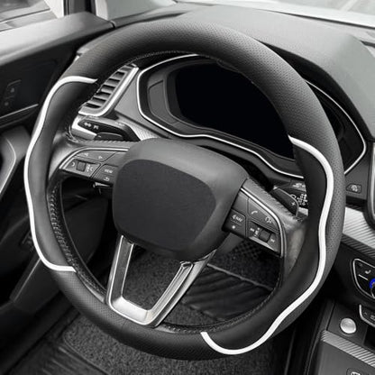 Nappa Leather Steering Wheel Cover. Stylish Striped Design, Universal fit for 14.5–15-inch Steering Wheels, Slip-Resistant and Breathable, Protects the Steering Wheel.Black and White - color: Black and White